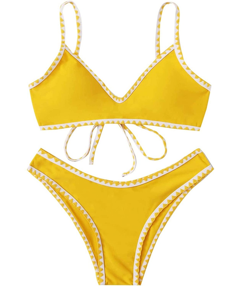 Women's Contrast Binding Tie Back Top with High Cut Throng Bikini Swimsuit - Yellow - CV196OQA4GE $19.69-Tops