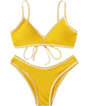 Women's Contrast Binding Tie Back Top with High Cut Throng Bikini Swimsuit - Yellow - CV196OQA4GE $19.69-Tops