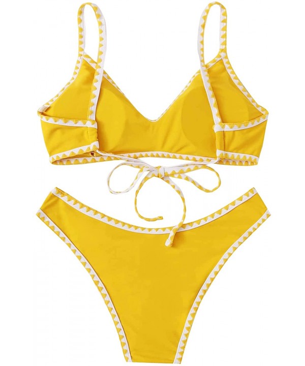 Women's Contrast Binding Tie Back Top with High Cut Throng Bikini Swimsuit - Yellow - CV196OQA4GE $19.69-Tops