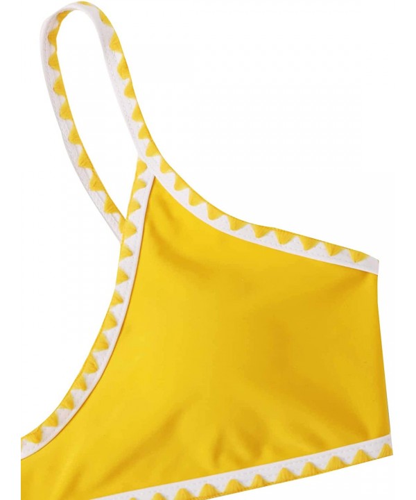 Women's Contrast Binding Tie Back Top with High Cut Throng Bikini Swimsuit - Yellow - CV196OQA4GE $19.69-Tops