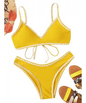 Women's Contrast Binding Tie Back Top with High Cut Throng Bikini Swimsuit - Yellow - CV196OQA4GE $19.69-Tops