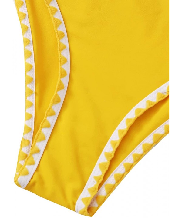 Women's Contrast Binding Tie Back Top with High Cut Throng Bikini Swimsuit - Yellow - CV196OQA4GE $19.69-Tops