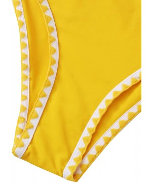 Women's Contrast Binding Tie Back Top with High Cut Throng Bikini Swimsuit - Yellow - CV196OQA4GE $19.69-Tops