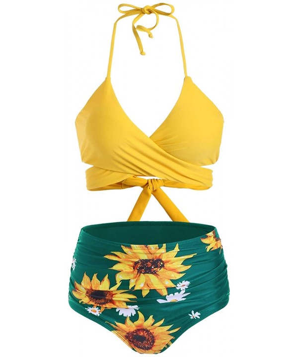 Women Sunflower Tummy Control Halter Wrap Bikini Swimwear - Green - CM197SCZUEU $19.77-Sets