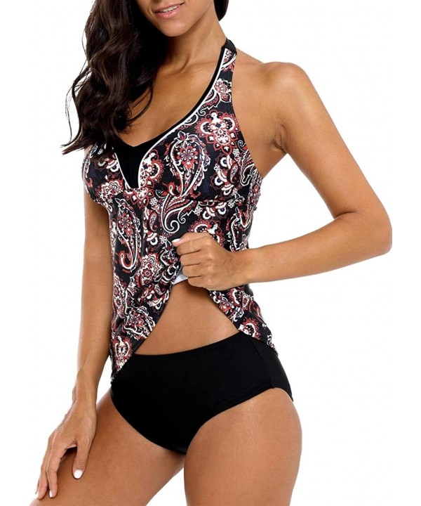 Womens Tankini Swimwear Blouson Halter Two Piece Swimsuit Tummy Control - Halter/Paisley - CS18LLHSETL $25.37-Sets