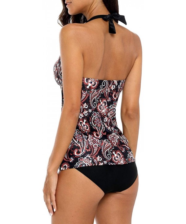 Womens Tankini Swimwear Blouson Halter Two Piece Swimsuit Tummy Control - Halter/Paisley - CS18LLHSETL $25.37-Sets