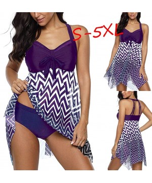 Plus Size Swimdress-Women Plus Size Takini Mesh Patchwork Print Swimsuit Beachwear Padded Swimwear - B-purple - CI195RHU5IE $...