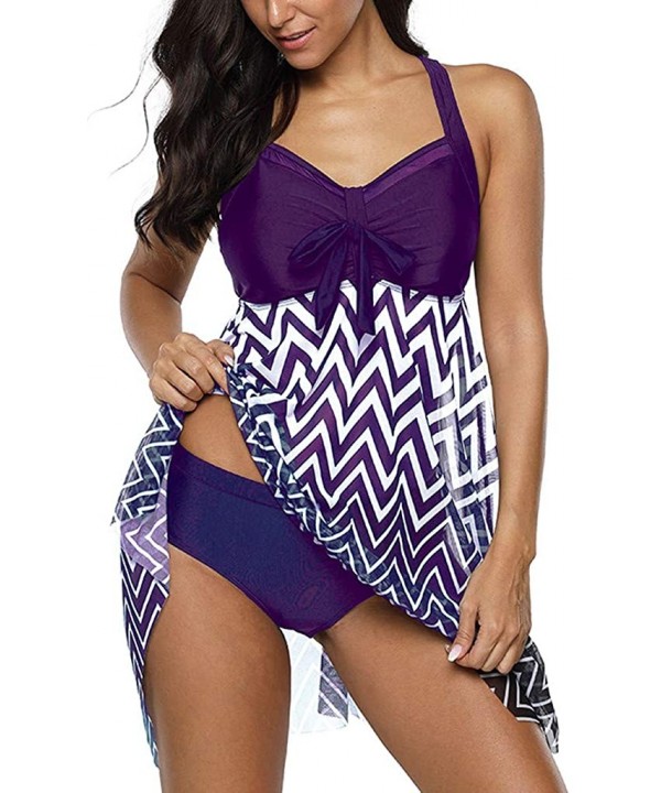 Plus Size Swimdress-Women Plus Size Takini Mesh Patchwork Print Swimsuit Beachwear Padded Swimwear - B-purple - CI195RHU5IE $...