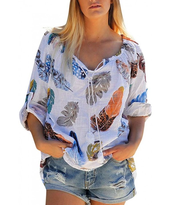 Floral Blouses for Womens Leaves Feather Flared Long Sleeve V Neck Bandage Drawstring Tunic Tops Casual Tshirt 9 White - CL18...