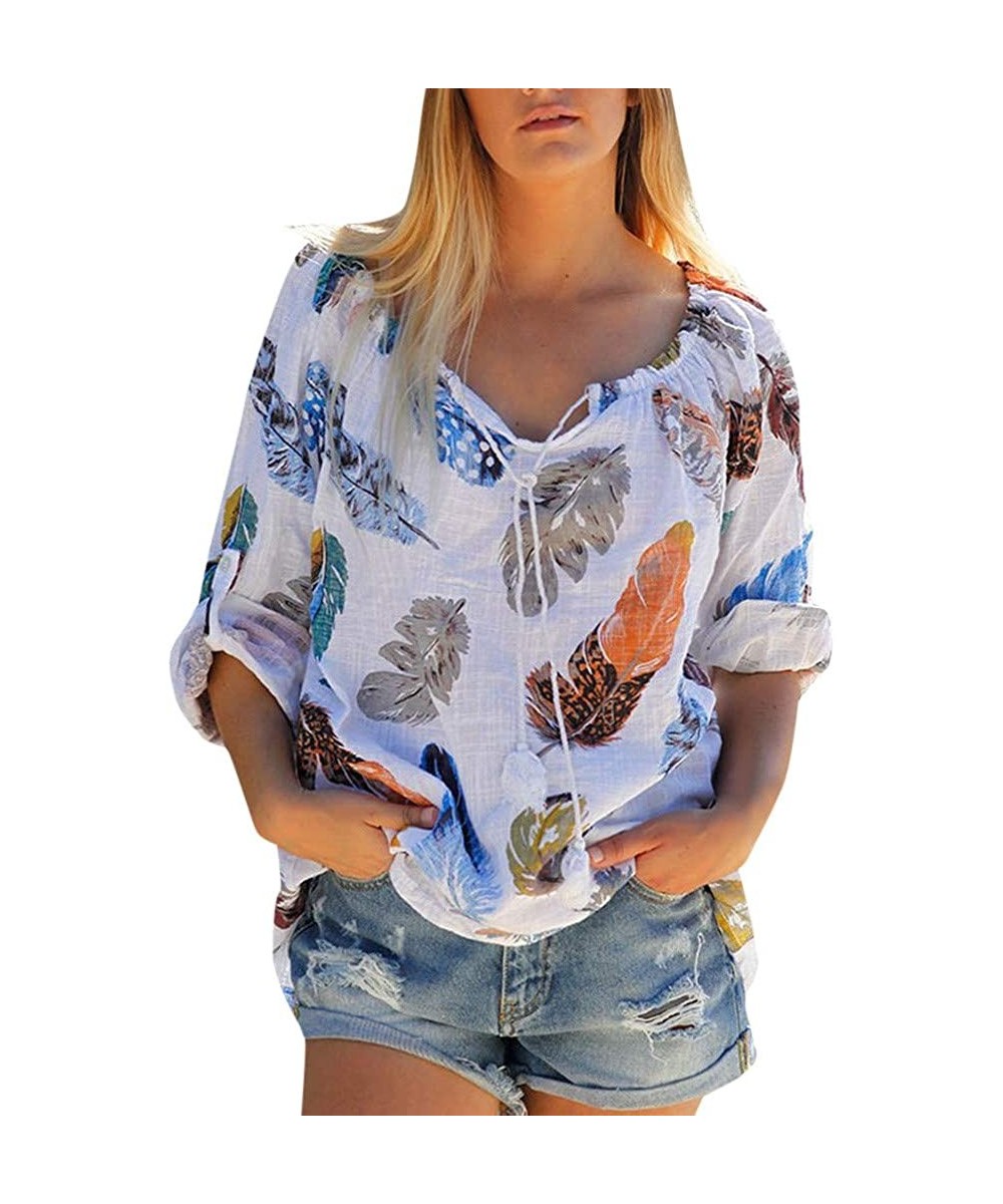 Floral Blouses for Womens Leaves Feather Flared Long Sleeve V Neck Bandage Drawstring Tunic Tops Casual Tshirt 9 White - CL18...