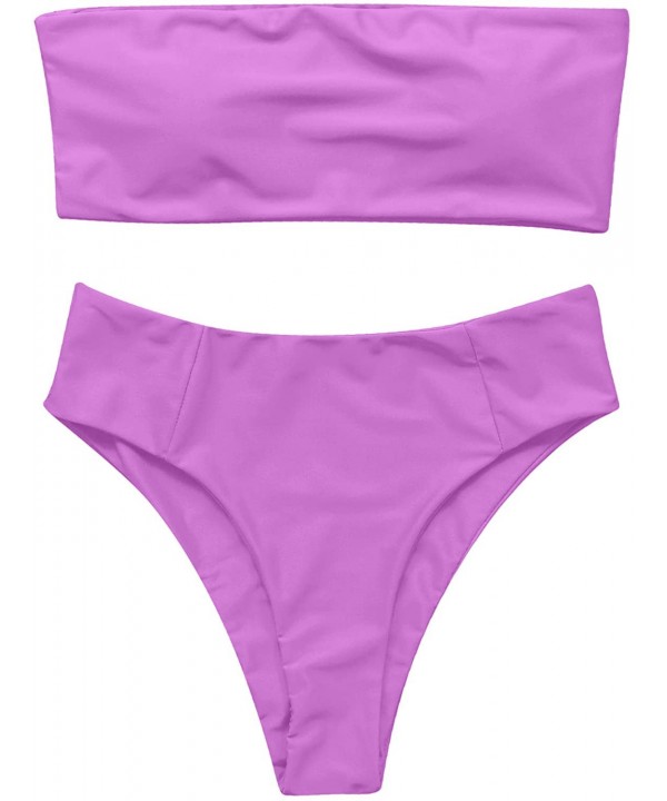 Women's 2 Pieces Bandeau Bikini Swimsuits Off Shoulder High Waist Bathing Suit High Cut - Purple - CR18Q52L3K0 $26.95-Sets