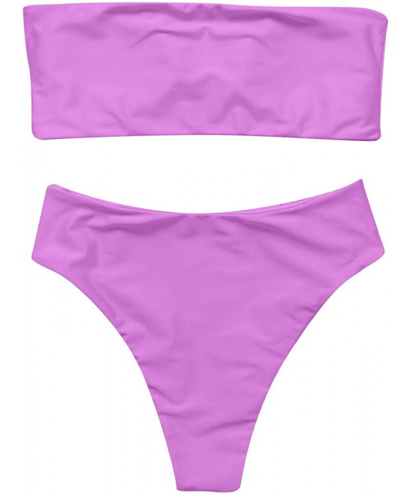 Women's 2 Pieces Bandeau Bikini Swimsuits Off Shoulder High Waist Bathing Suit High Cut - Purple - CR18Q52L3K0 $26.95-Sets