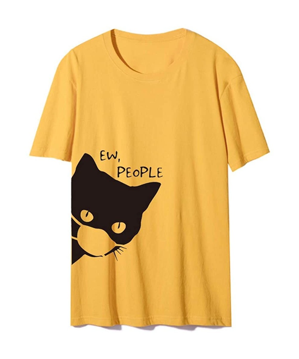 Women's Cat Print Tee Summer Casual Basic Short Sleeve Round Neck T Shirts - Yellow - C01906TSO02 $17.12-Bottoms