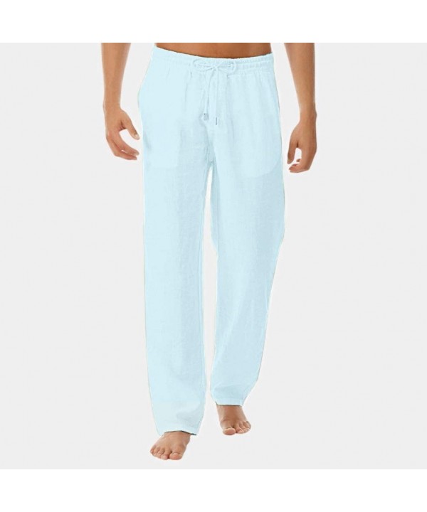 Men's Cotton Linen Pants Casual Elastic Waist Relaxed Fit Straight Jogging Yoga Trousers - Blue - CZ18U0HAC0C $17.96-Rash Guards