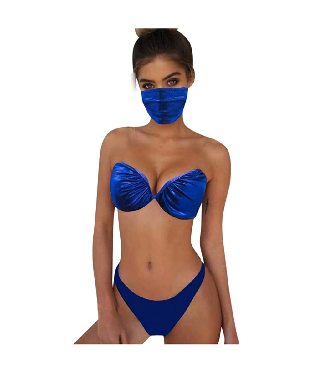 Fashion Women Solid Printless Bikini Bathwear Low Waist Bottom Face Decorate Par Three Piece Swimwear - Blue - CJ1905Q672W $1...