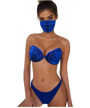 Fashion Women Solid Printless Bikini Bathwear Low Waist Bottom Face Decorate Par Three Piece Swimwear - Blue - CJ1905Q672W $1...