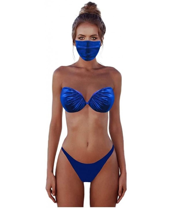 Fashion Women Solid Printless Bikini Bathwear Low Waist Bottom Face Decorate Par Three Piece Swimwear - Blue - CJ1905Q672W $1...