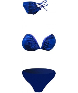 Fashion Women Solid Printless Bikini Bathwear Low Waist Bottom Face Decorate Par Three Piece Swimwear - Blue - CJ1905Q672W $1...