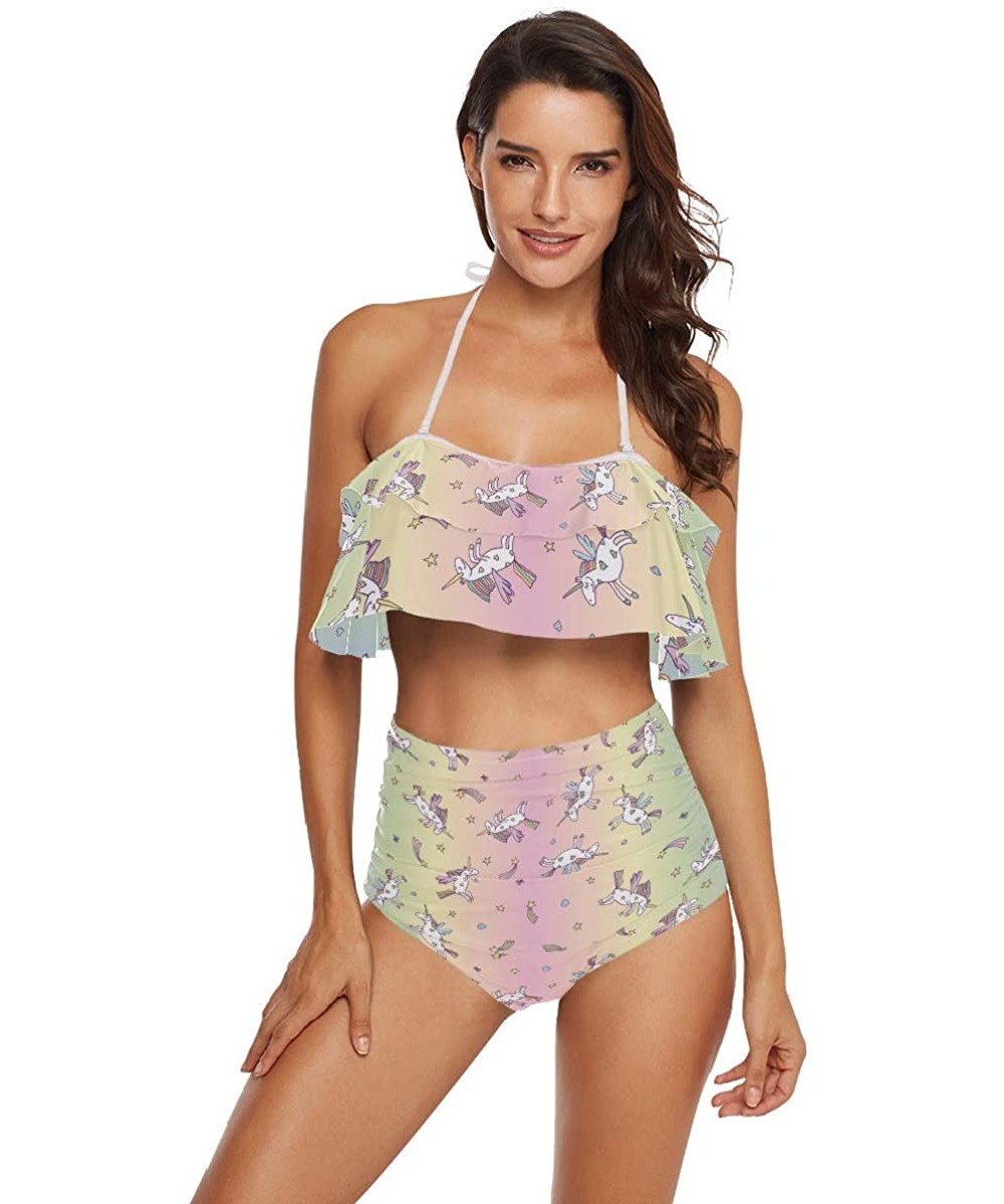 Women's Swimsuits Unicorn Rainbow Ruffled Halter Top Push Bikini Set Two Piece Bathing Suits - CU18SQET9ME $24.10-Sets