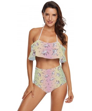 Women's Swimsuits Unicorn Rainbow Ruffled Halter Top Push Bikini Set Two Piece Bathing Suits - CU18SQET9ME $24.10-Sets