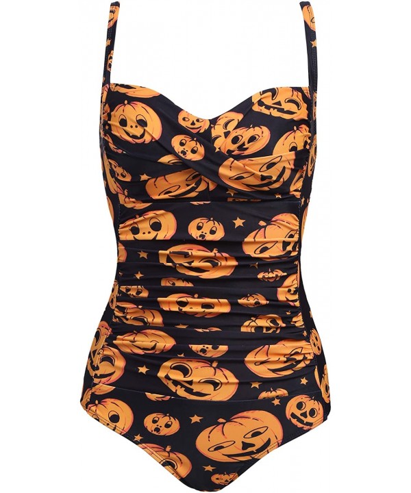 Womens One Piece Swimsuit Elegant Inspired Vintage Pin up Monokinis Tummy Control Swimwear Shirred Bathing Suits - Pumpkin - ...