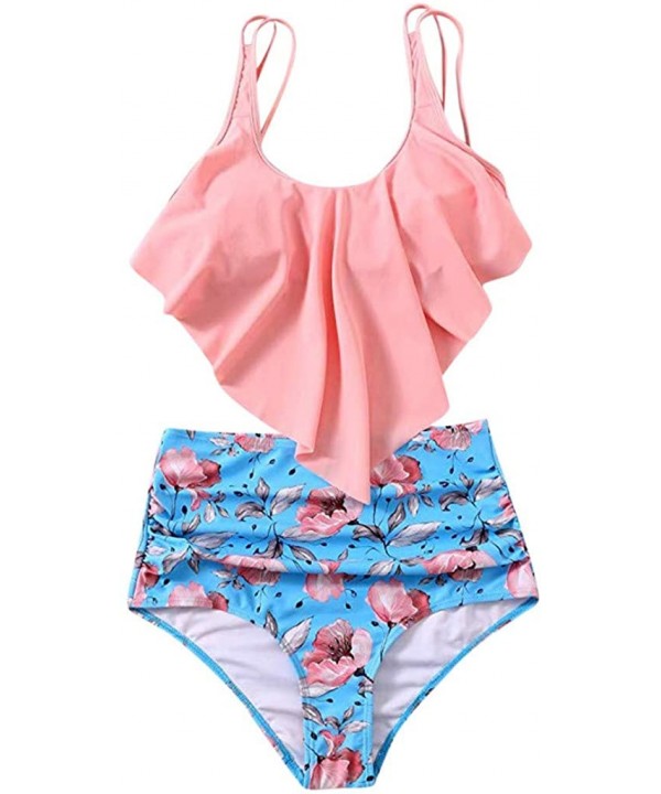 Swimsuit for Women Two Piece Bathing Suit Top Ruffled Bottom High Waisted Bikini Set Tankini - Pink a - CS1955YIA2G $11.74-Sets