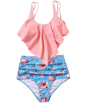 Swimsuit for Women Two Piece Bathing Suit Top Ruffled Bottom High Waisted Bikini Set Tankini - Pink a - CS1955YIA2G $11.74-Sets