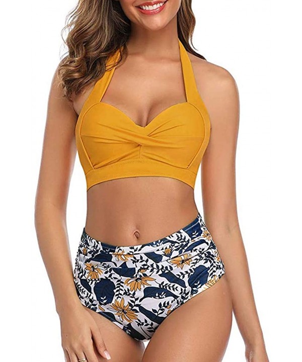 Women Vintage Swimsuit Two Piece Retro Halter Ruched High Waist Bikini Bathing Suits Swimsuits for Women - Yellow - CT194MSDK...