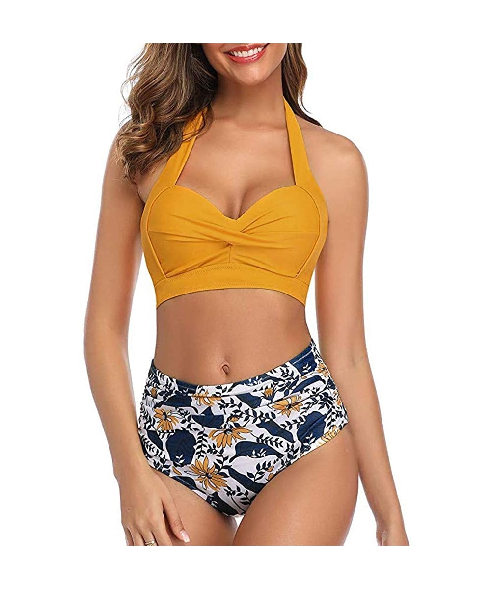 Women Vintage Swimsuit Two Piece Retro Halter Ruched High Waist Bikini Bathing Suits Swimsuits for Women - Yellow - CT194MSDK...