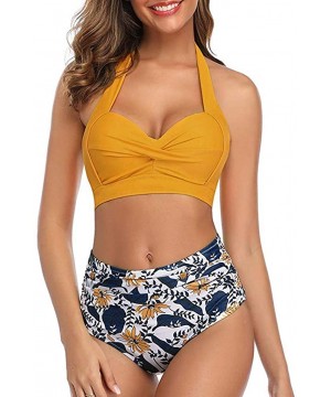 Women Vintage Swimsuit Two Piece Retro Halter Ruched High Waist Bikini Bathing Suits Swimsuits for Women - Yellow - CT194MSDK...