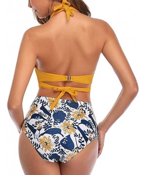 Women Vintage Swimsuit Two Piece Retro Halter Ruched High Waist Bikini Bathing Suits Swimsuits for Women - Yellow - CT194MSDK...