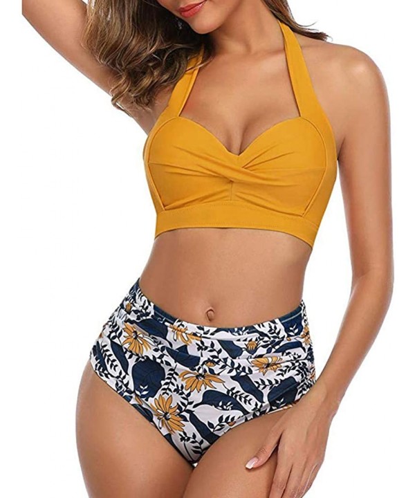 Women Vintage Swimsuit Two Piece Retro Halter Ruched High Waist Bikini Bathing Suits Swimsuits for Women - Yellow - CT194MSDK...