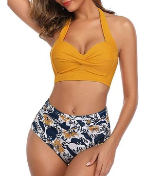 Women Vintage Swimsuit Two Piece Retro Halter Ruched High Waist Bikini Bathing Suits Swimsuits for Women - Yellow - CT194MSDK...