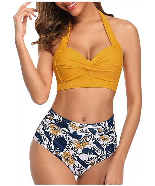 Women Vintage Swimsuit Two Piece Retro Halter Ruched High Waist Bikini Bathing Suits Swimsuits for Women - Yellow - CT194MSDK...