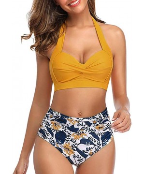 Women Vintage Swimsuit Two Piece Retro Halter Ruched High Waist Bikini Bathing Suits Swimsuits for Women - Yellow - CT194MSDK...