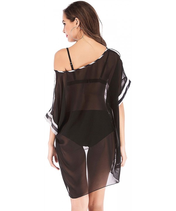 Women Stripe Chiffon Bikini Swimwear Cover Up Beach Wrap Long Dress - Black - CT18QCGI7CG $14.04-Cover-Ups