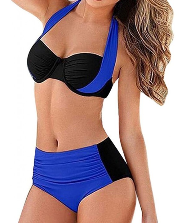 Swimsuits for Women 2 Piece High Waist Halter Cross Split Color Matching Padded Push Up Bikini Set Party Bathing Suit Blue - ...