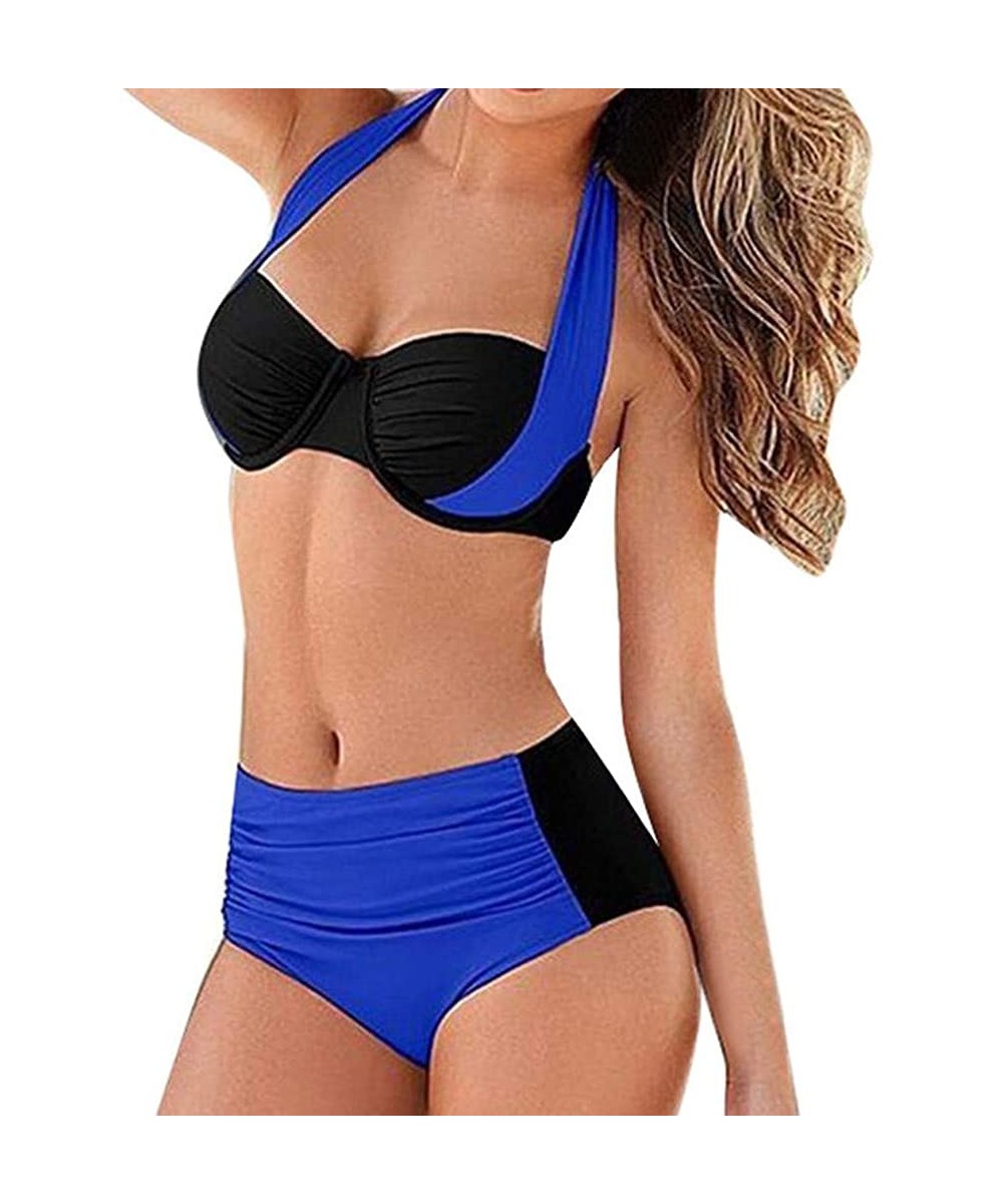 Swimsuits for Women 2 Piece High Waist Halter Cross Split Color Matching Padded Push Up Bikini Set Party Bathing Suit Blue - ...