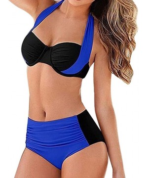 Swimsuits for Women 2 Piece High Waist Halter Cross Split Color Matching Padded Push Up Bikini Set Party Bathing Suit Blue - ...