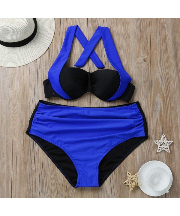 Swimsuits for Women 2 Piece High Waist Halter Cross Split Color Matching Padded Push Up Bikini Set Party Bathing Suit Blue - ...