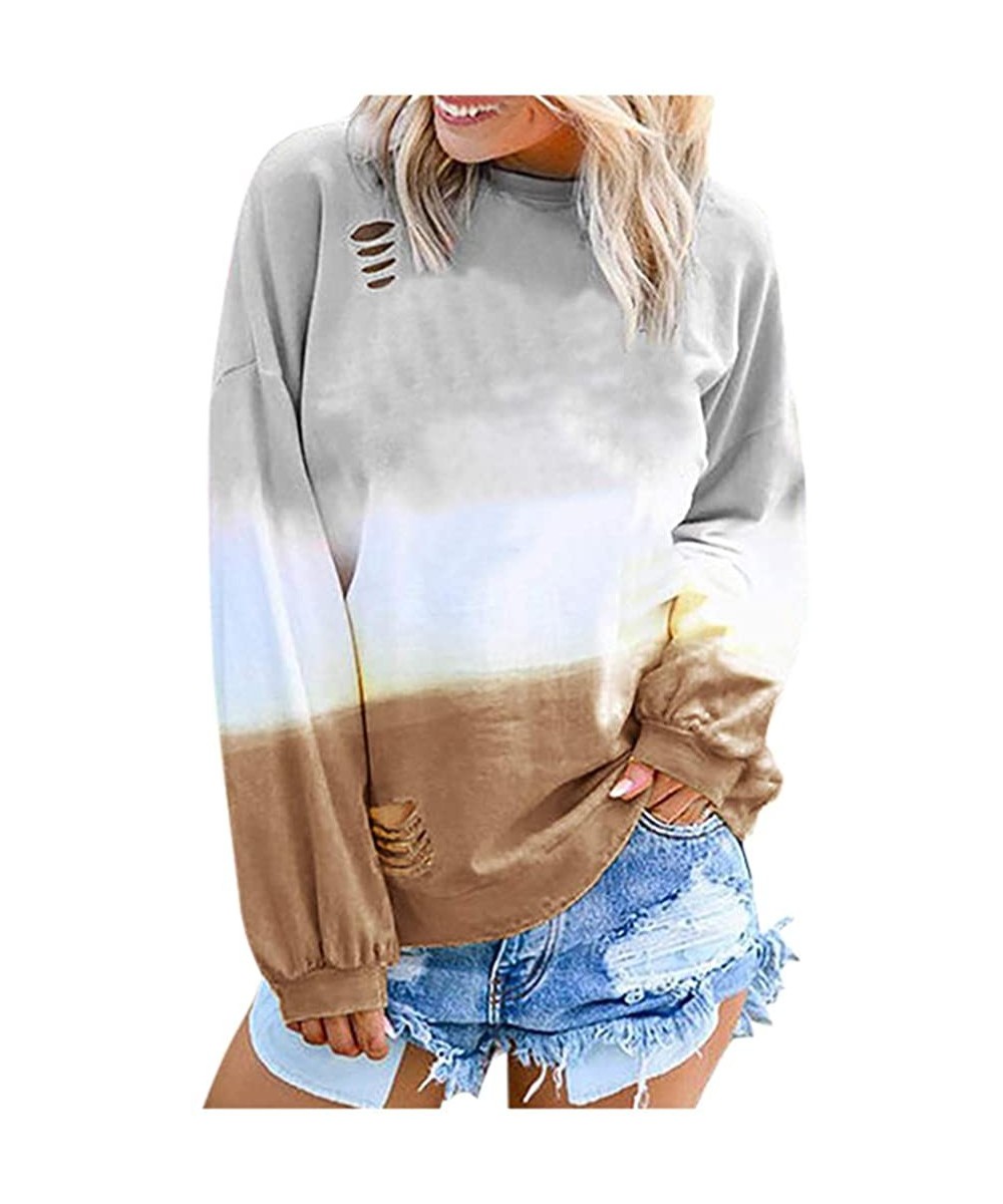 Blouses for Womens Gradient Patchwork Color Block Long Sleeve Crew Neck Hollow Out Tshirt Tops Sweatshirt 2 Brown - CR18XHEHQ...