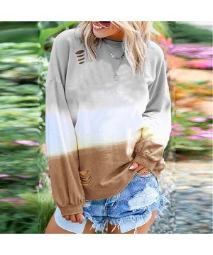 Blouses for Womens Gradient Patchwork Color Block Long Sleeve Crew Neck Hollow Out Tshirt Tops Sweatshirt 2 Brown - CR18XHEHQ...