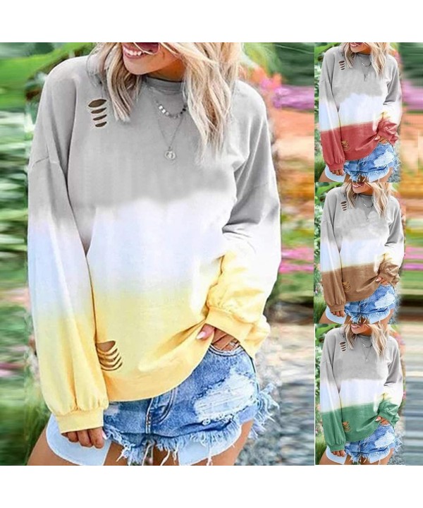 Blouses for Womens Gradient Patchwork Color Block Long Sleeve Crew Neck Hollow Out Tshirt Tops Sweatshirt 2 Brown - CR18XHEHQ...