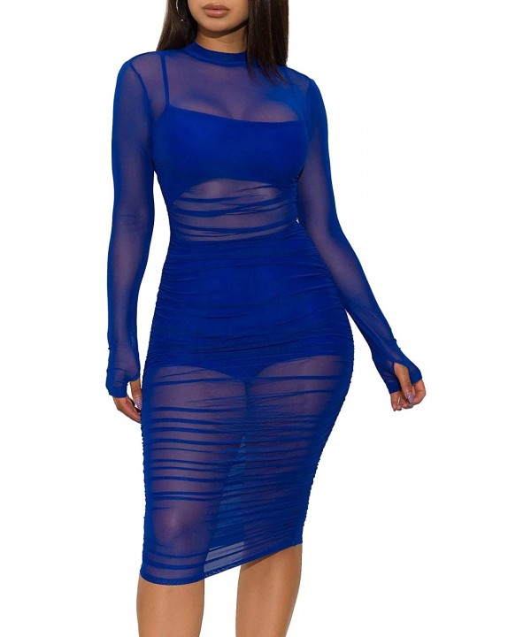 Women 3 Piece Outfits Crop Top Shorts Set with Bodycon Sheer Mesh Club Dress - 3 Royal Blue - CR18AU9UG50 $20.45-Cover-Ups