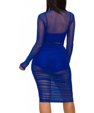 Women 3 Piece Outfits Crop Top Shorts Set with Bodycon Sheer Mesh Club Dress - 3 Royal Blue - CR18AU9UG50 $20.45-Cover-Ups