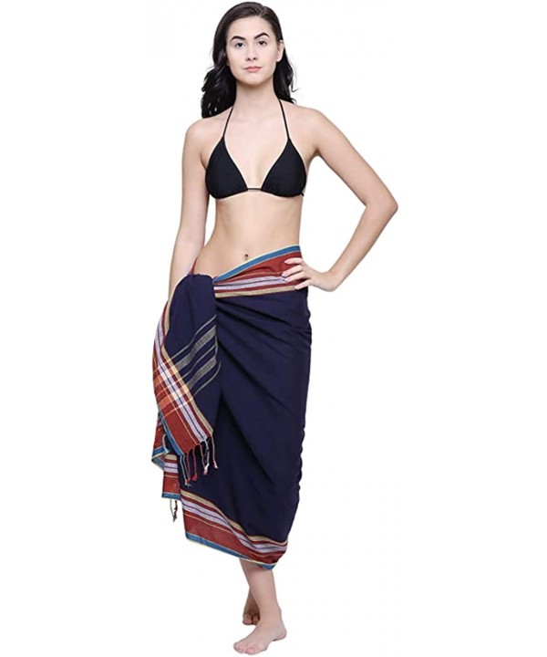 Soft 100% Pure Cotton Breathable Womens Swim Beach Sarong Pareo Wrap Skirt Swim Cover-up - Navy Blue Kikoy - CW18RNGHE9D $17....