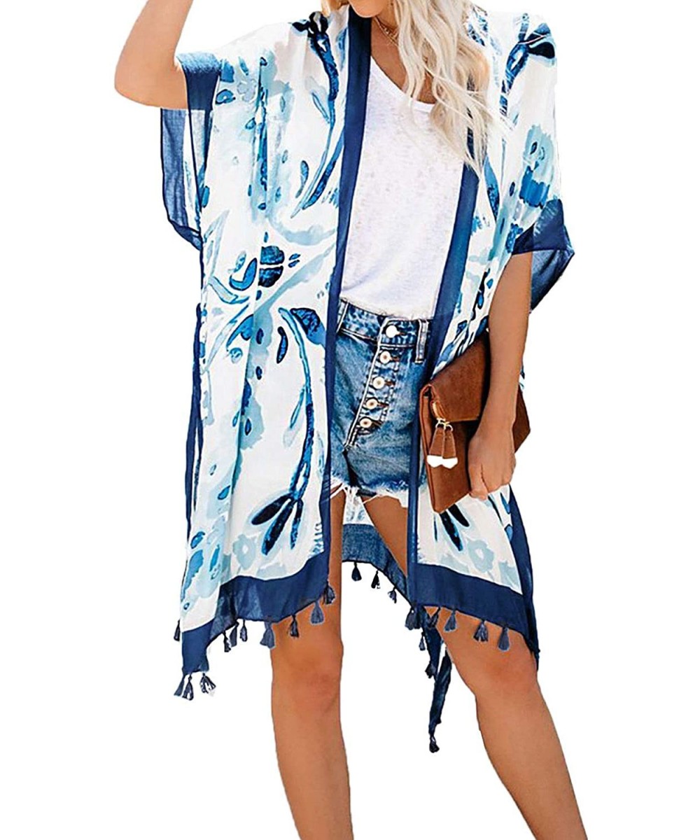 Womens Fashion Boho Printed Kimono Beach Cover up Summer Open Front Loose Flowy Cardigan Top with Tassel Style 3 blue - C2194...