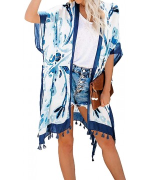 Womens Fashion Boho Printed Kimono Beach Cover up Summer Open Front Loose Flowy Cardigan Top with Tassel Style 3 blue - C2194...