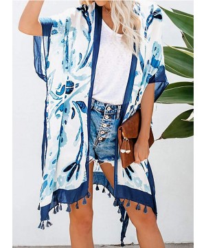 Womens Fashion Boho Printed Kimono Beach Cover up Summer Open Front Loose Flowy Cardigan Top with Tassel Style 3 blue - C2194...