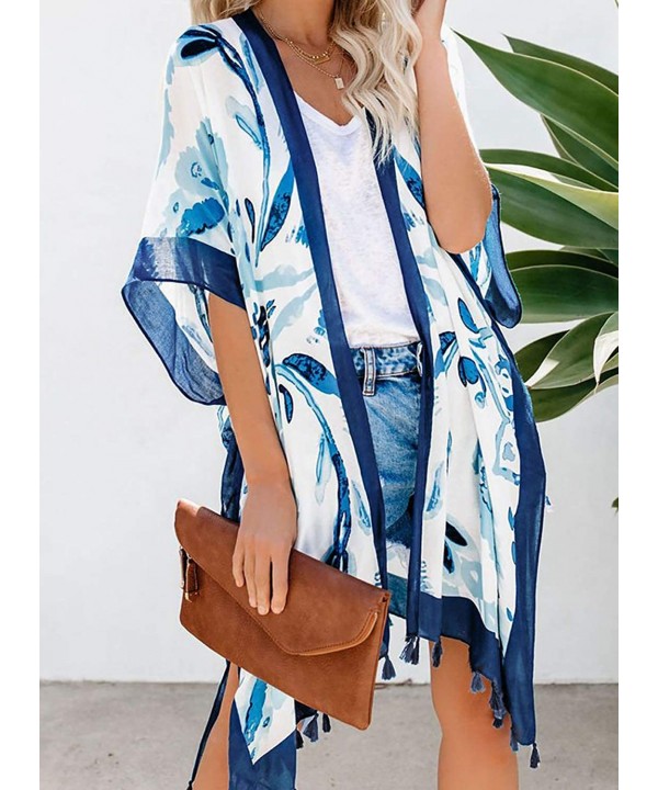 Womens Fashion Boho Printed Kimono Beach Cover up Summer Open Front Loose Flowy Cardigan Top with Tassel Style 3 blue - C2194...